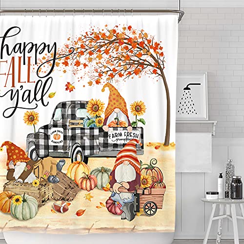 Bonsai Tree Fall Shower Curtain for Bathroom, Autumn Pumpkins Waterproof Bath Curtains, Gnomes Buffalo Plaid Truck Maple Leaves Farmhouse Decor Fabric Seasonal Shower Curtains with Hooks, 72"x72"
