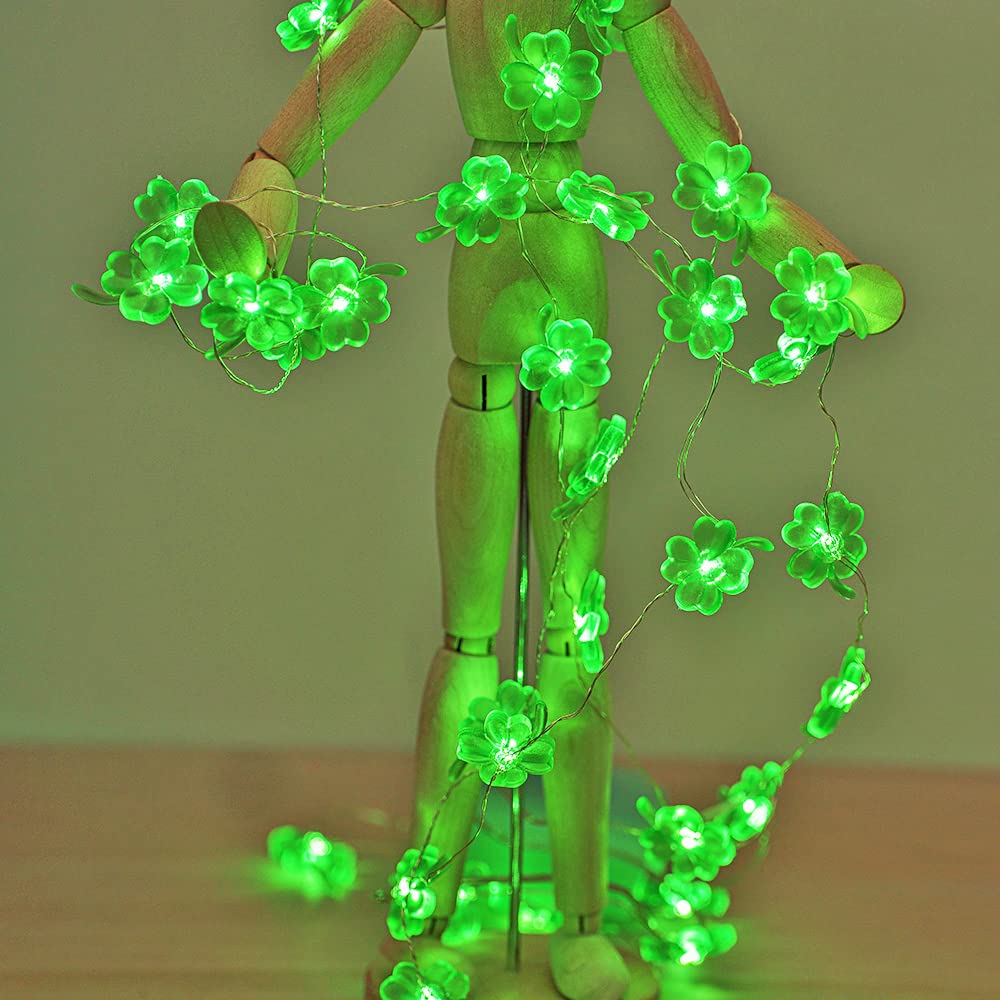 BOHON St Patricks Day Decorations Shamrocks String Lights Battery Operated with Remote 10 ft 40 LEDs Lucky Clover Green Lights for Bedroom Party Feast of Saint St. Patrick's Day Decoration