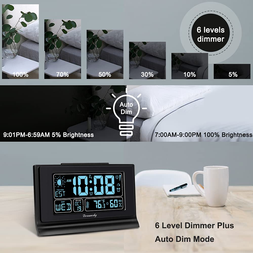 DreamSky Digital Alarm Clock with Large Display, Temperature & Humidity, 6 Level Brightness, USB Charging, Battery Backup, Black