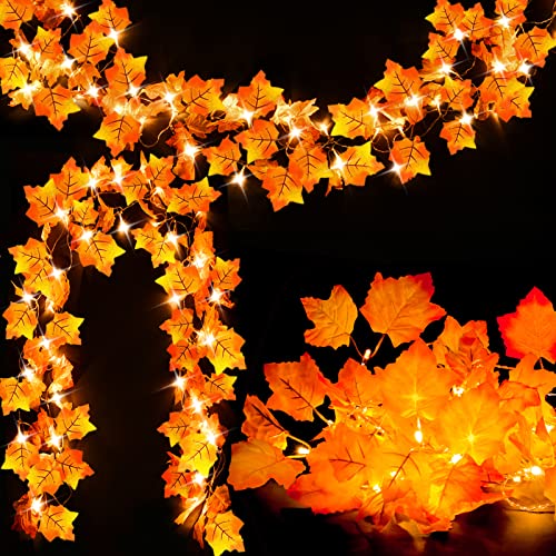 [2Pack] Fall Decor for Home Thanksgiving Decorations Lighted Fall Garland, Total 16.4ft 40 LED, Fall Decorations Thanksgiving Halloween Decor Maple Leaves String Lights for Indoor Room Autumn Harvest