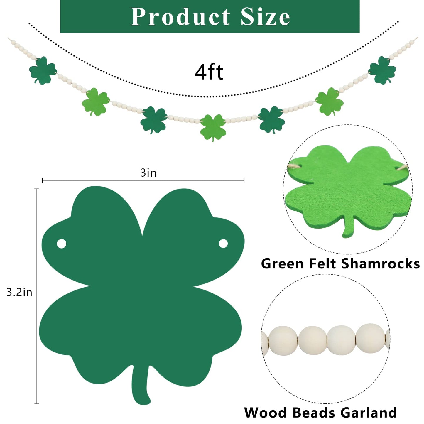 DAZONGE St. Patrick's Day Decorations, Felt Shamrocks Wood Bead Garland for St. Patrick's Day Decor, Lucky Green St. Patrick's Day Felt Banner for Fireplace Mantel Walls