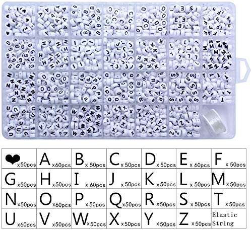 Amaney 1400 Pieces Letter Beads A-Z and Elastic Line Heart Beads 4x7mm White Round Acrylic Alphabet for Jewelry Making Bracelets Necklaces Key Chains