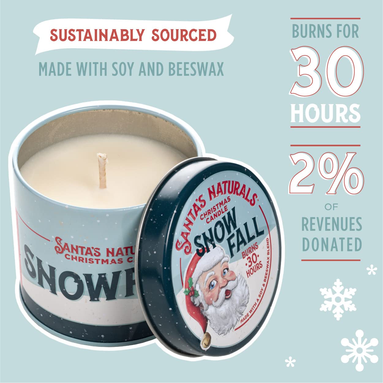 Santa's Naturals Snowfall Christmas Candle | Sweet, Bright Fragrance | Notes of Pine, Citrus, Eucalyptus | Sustainably Sourced Soy and Beeswax | 30 Hour Burn Time | 9oz | 2 Pack