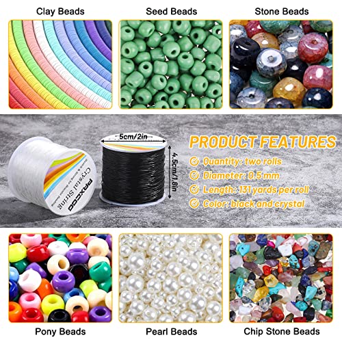 Bracelet String, Paxcoo 2 Rolls Elastic Stretchy Bead String Cord for Clay Beads Kandi Pony Beads Bracelets Jewelry Making (0.5MM, Crystal & Black)