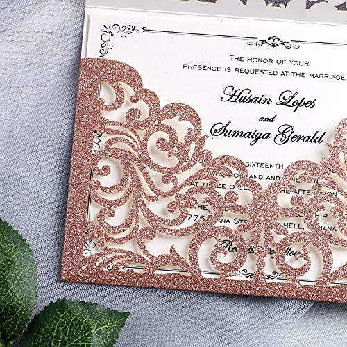YIMIL 20 Pcs Laser Cut Wedding Invitation Card with Envelope for Wedding Quinceanera Bridal Shower Baby Shower Party Invite (Rose Gold Glitter)