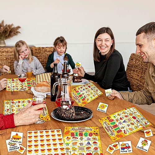 24 Players Thanksgiving Bingo Cards, Thanksgiving Bingo Game for Kids with Punny Stickers Fall Festival Bingo Sets Classroom Family Party Game Holiday Activities