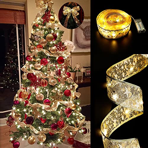 GIHOO Christmas Tree Decorations Gold String Lights 32ft (2x16ft) 100 LED Lights Copper Wire Ribbon Bows Lights for Holiday Christmas Party Indoor Decorations (Gold Warm Light Battery Powered)