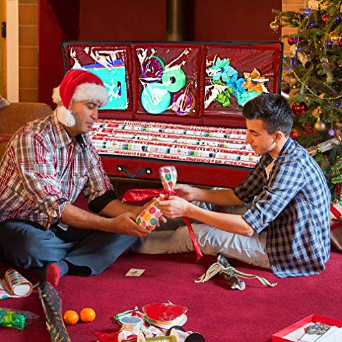 Primode Wrapping Paper Storage Container | Gift Wrap Organizer Under Bed | 41”x14”x6” | Fits 18-24 Rolls Up to 40” | Durable 600D Oxford Material | Box Holder with Pockets for Ribbon, Bows and Accessories (Red)