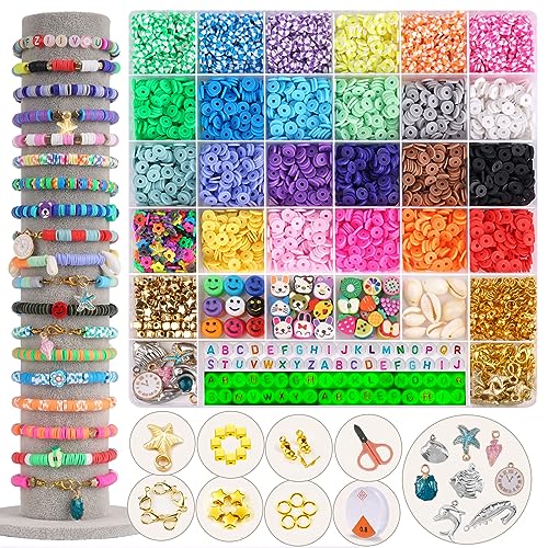 FZIIVQU 6100 Pcs Clay Beads Bracelet Making Kit 24 Colors Flat Clay Beads Set Friendship Bracelet kit Include Polymer Clay Heishi Bead UV Letter Beads for Jewelry Earrings Making