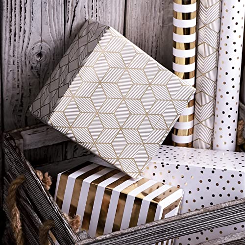 MAYPLUSS Wrapping Paper Roll for Birthday - Mini Roll - 17 inch X 120 inch Per roll - White & Gold Foil Design (42.3 sq.ft.ttl)