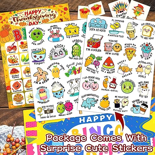 24 Players Thanksgiving Bingo Cards, Thanksgiving Bingo Game for Kids with Punny Stickers Fall Festival Bingo Sets Classroom Family Party Game Holiday Activities