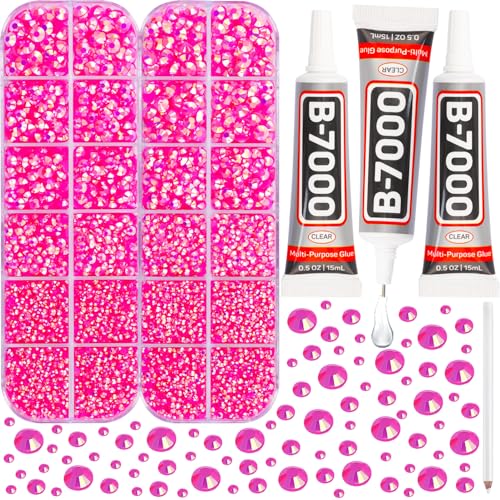 11000Pcs Hot Pink Rhinestones with b7000 Glue for Crafts Clothing Clothes Fabric Nails, Bright Pink Gems ab Jelly Resin FlatBack Rhinestones for Shoes Tumblers Flat back Bedazzler Kit with Rhinestones