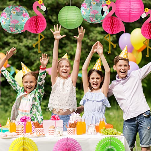 Flamingo Party Decorations, Hawaiian Party Supplies Flamingo Palm Leaves Hibiscus Flowers Paper Lanterns Flamingo Honeycomb Tissue Paper Fans for Luau Birthday Party Home Decorations (Hot Pink)