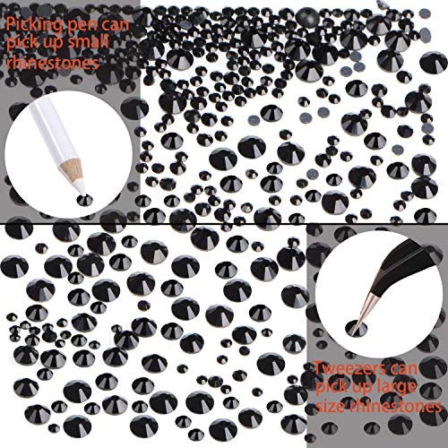 LPBeads 6400 Pieces Hotfix Rhinestones Black Flat Back 5 Mixed Sizes Crystal Round Glass Gems with Tweezers and Picking Rhinestones Pen