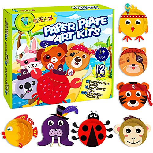 V-Opitos Arts and Crafts Kits for Kids, 12 Pack Paper Plate Crafts, Simple Animal Crafts for Toddler Age of 2, 3, 4, 5 Years Old, Fun Preschool Classroom Activity Project for Boy & Girl