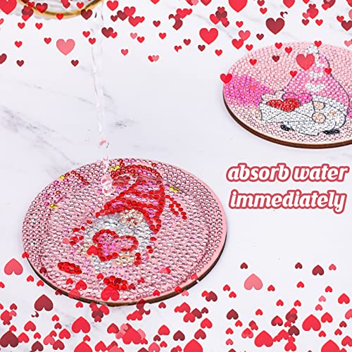 XEFINAL 8 PCS Valentines Day Diamond Paintings Coasters Diamond Painting Coasters with Iron Holder, DIY Gnome Diamond Painting Kit for Adults & Kids Diamond Art Craft Supplies Valentines Decorations