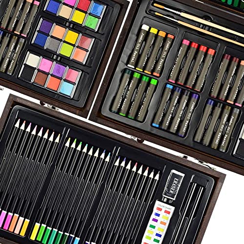 Sunnyglade 145 Piece Deluxe Art Set, Wooden Box & Drawing Kit with Crayons, Oil Pastels, Colored Pencils, Watercolor Cakes, Sketch Pencils, Paint Brush, Sharpener, Eraser, Color Chart (Cherry)