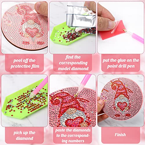 XEFINAL 8 PCS Valentines Day Diamond Paintings Coasters Diamond Painting Coasters with Iron Holder, DIY Gnome Diamond Painting Kit for Adults & Kids Diamond Art Craft Supplies Valentines Decorations