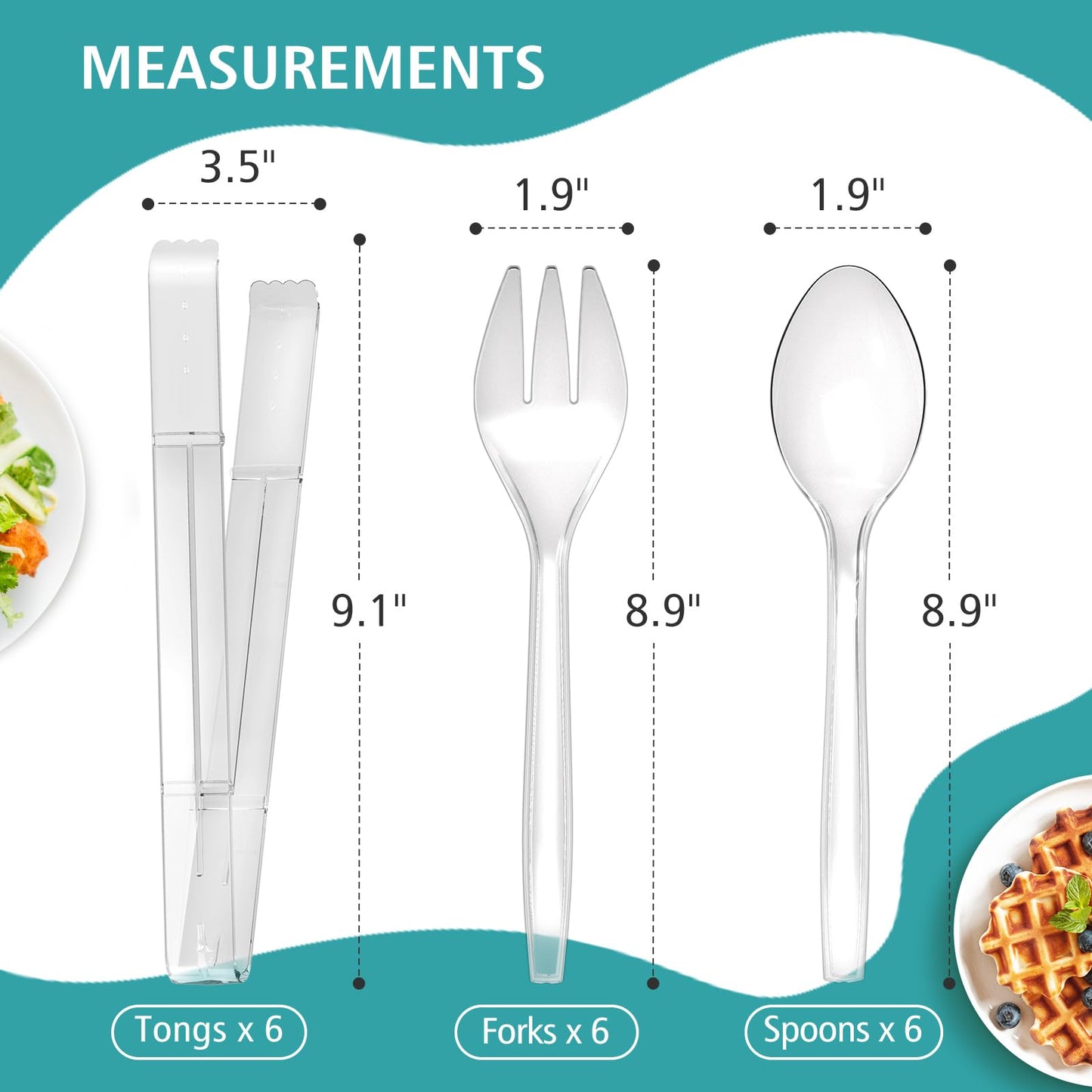 Plastic Serving Utensils, 9" Clear Disposable Utensils 18 Pack, 6 Serving Tongs, Spoons, Forks