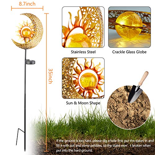 LICKLIP Garden Solar Lights Outdoor Decorative, Sun & Moon Crackle Glass Globe Metal Stake Light, Waterproof Warm White LED Light, Decorations for Pathway Lawn Patio Courtyard Backyard (1 Pack)