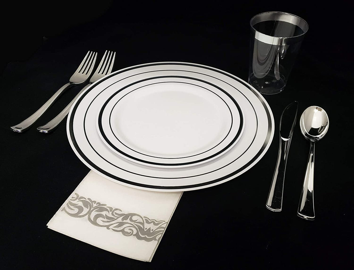 Aya's 60 Silver Plastic Plates Disposable Heavy Duty Premium Plastic Plates, 30 Plastic Dinner Plates + 30 Dessert Appetizer Plates for Weddings, Fancy Disposable Plates for Party White Plastic Plates