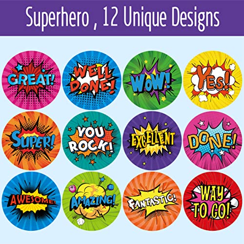 1000PCS Superhero Incentive Stickers, 12 Unique Designs per Roll, Classwork Award Stickers for Teacher Motivational Classroom Reward Gifts Encourage Kids to Do Chores Go to The Toilet (1 Inch Each)