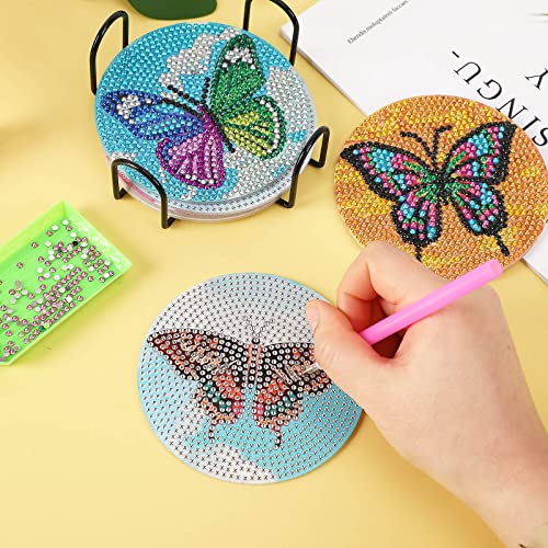 UPINS 8Pcs Diamond Painting Coasters for Drinks DIY Life Coaster Diamond Art Kits for Adults Kids Beginners Diamond Art Craft Supplies (Butterfly)