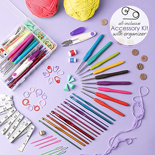 Crochet Kit for Beginners Adults – Beginner Crochet Kit for Adults and Kids, Learn to Crochet Kits for Adults Beginner and Professionals – 73 Piece Crochet Set with Crochet Yarn and Crochet Hook Set