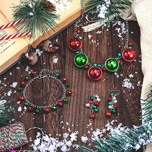 4 Pieces Christmas Bell Jewelry Set Includes Bells Necklace Bracelet Dangle Earring for Christmas Party