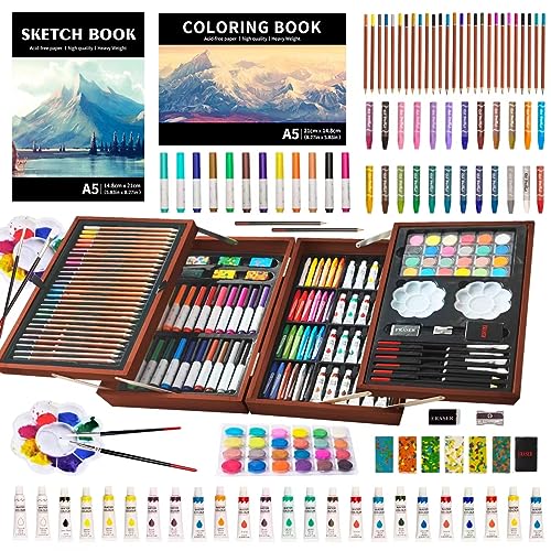 KINSPORY Art Gift for Kids, Art Supplies Case - 139 Piece Art Sets & Crafts Kit with Sketch Pads, Deluxe Wooden Box for Artist Beginners Girls Boys (Light Brown)