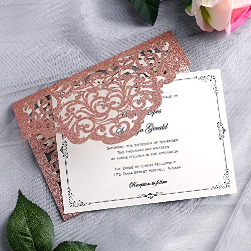 YIMIL 20 Pcs Laser Cut Wedding Invitation Card with Envelope for Wedding Quinceanera Bridal Shower Baby Shower Party Invite (Rose Gold Glitter)