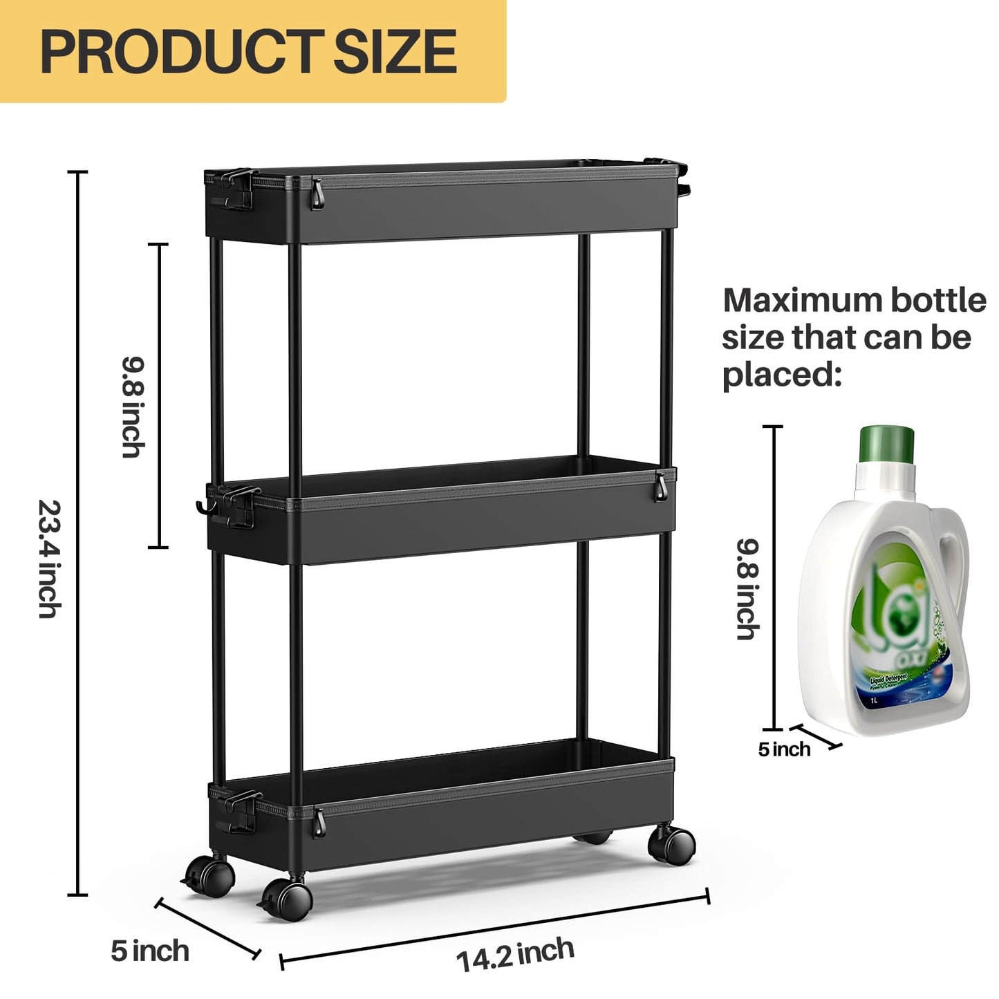 SPACEKEEPER Slim Rolling Storage Cart, Laundry Room Organization, 3 Tier Mobile Utility Shelving Unit Bathroom Organizer Storage for Kitchen, Narrow Places(Black)