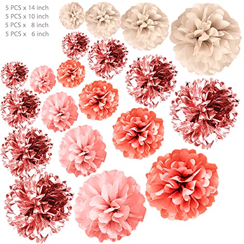 20 PCS Rose Gold Party Decorations - Metallic Foil and Tissue Paper Pom Poms - Birthday Party Decoration - Baby Shower - Bridal Shower - Bachelorette - Garden Party - 14", 10", 8", 6"