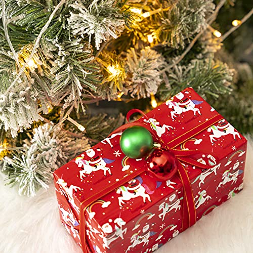 WRAPAHOLIC Reversible Christmas Wrapping Paper - Mini Roll - 17 Inch X 33 Feet - Red Santa Claus and Unicorn, Red and White Stripe Design for Holiday, Party, Celebration