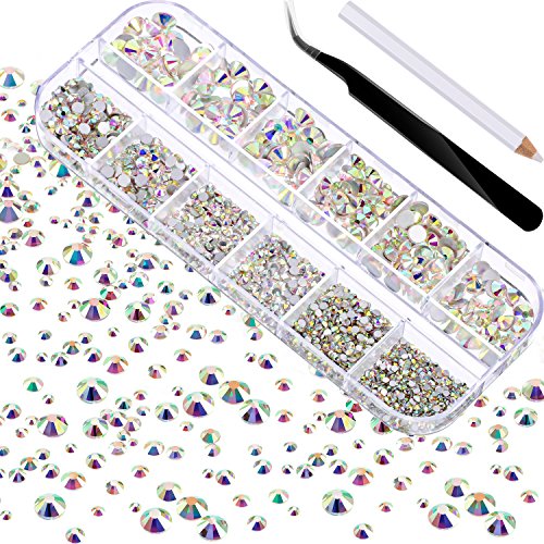 2000 Pieces Flat Back Gems Round Crystal Rhinestones 6 Sizes (1.5-6 mm) with Pick Up Tweezer and Rhinestones Picking Pen for Crafts Nail Face Art Clothes Shoes Bags DIY (Crystal AB)