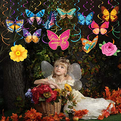 30 Pcs Butterfly Flowers Hanging Swirl Decorations Summer Butterfly Floral Baby Shower Foil Ceiling Streamers for Women Girl Kids Wedding Birthday Mother's Day 1st Birthday Party Supplies (Elegant)