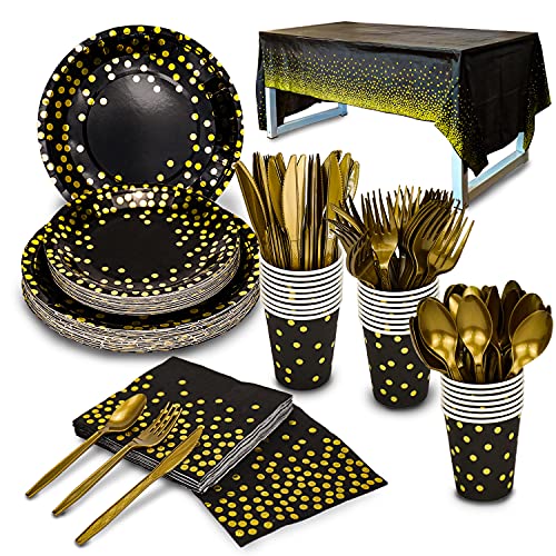 176 Pieces Gold Disposable Party Dinnerware Set &Golden Dot Disposable Party Dinnerware - Black Paper Plates Napkins Cups, Gold Plastic Forks Knives Spoons