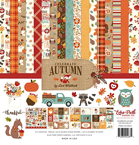 Echo Park Paper Company Celebrate Autumn Collection Kit paper, Orange, Yellow, Blue, Brown, Tan 12-x-12-Inch