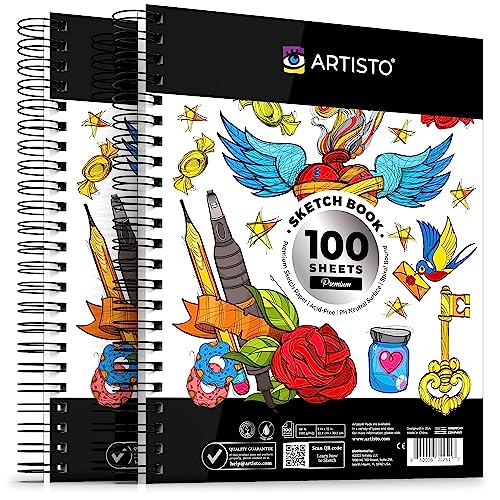 Artisto 9x12" Premium Sketch Book Set, Spiral Bound, Pack of 2, 200 Sheets (100g/m2), Acid-Free Drawing Paper, Ideal for Kids, Teens & Adults.