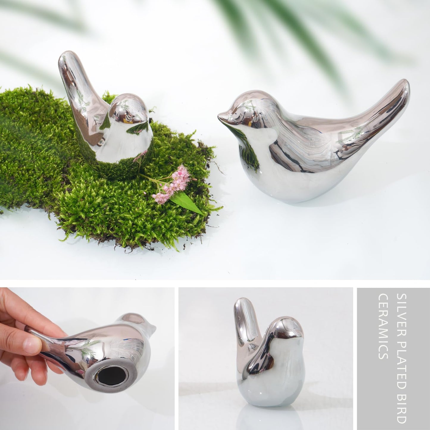 Notakia Gaobei Small Birds Statues Home Decor Modern Style Birds Decorative Ornaments for Living Room, Bedroom, Office Desktop, Cabinets (2Pcs Silver Birds)