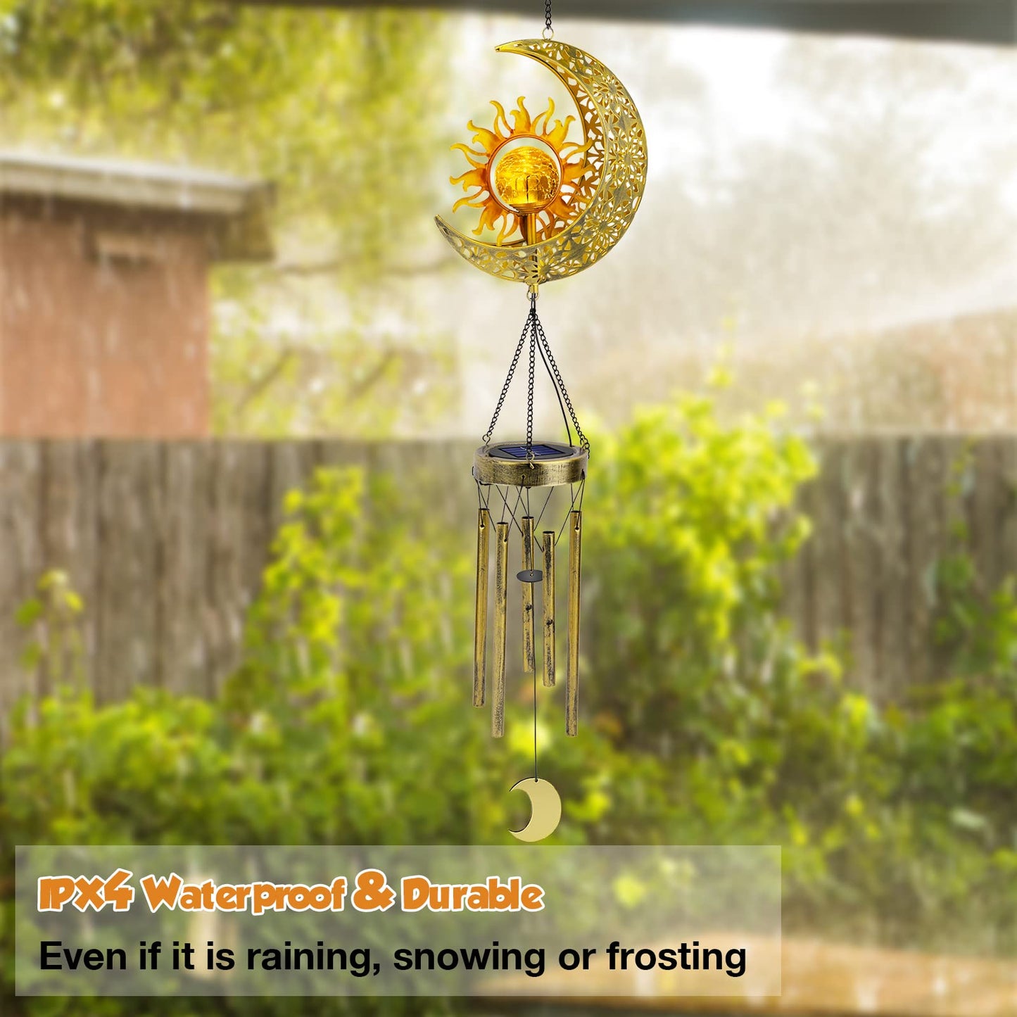 JYPS Sun Moon Solar Wind Chimes for Outside Crackle Glass Ball Waterproof Wind Chimes Outdoor Clearance Deep Tone Garden Decor Birthday Unique Gifts for Women Mom Grandma Windchimes Gardening