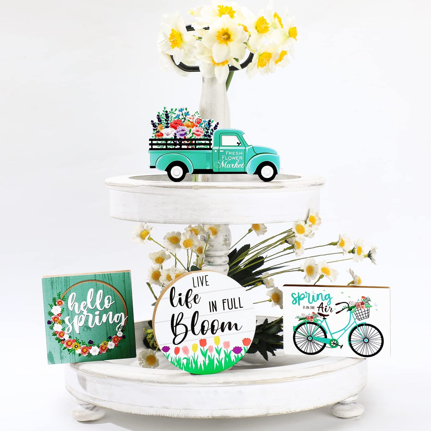 4 Pcs Easter Tiered Tray Decorations Hello Spring Decorations for Home Happy Easter Sign Bunny Farm Fresh Truck Wooden Centerpiece Table Signs for Indoor Home Kitchen Decor(Car Style)