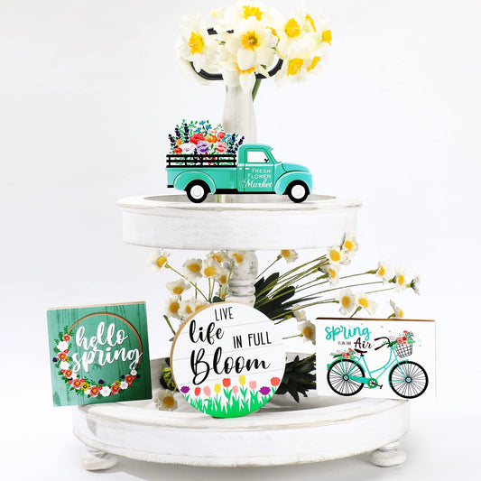 4 Pcs Easter Tiered Tray Decorations Hello Spring Decorations for Home Happy Easter Sign Bunny Farm Fresh Truck Wooden Centerpiece Table Signs for Indoor Home Kitchen Decor(Car Style)