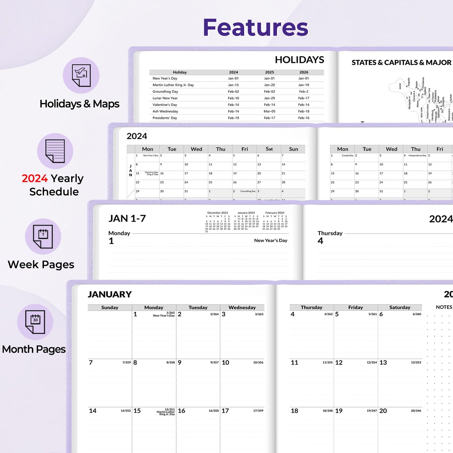 SUNEE 2024 Weekly & Monthly Hardcover Planner 5.5" x 8.3" - 12 Month (January 2024 - December 2024), Small Hardcover Planner, Pocket, Notes, 100 GSM Paper, Monthly Sticker, Purple