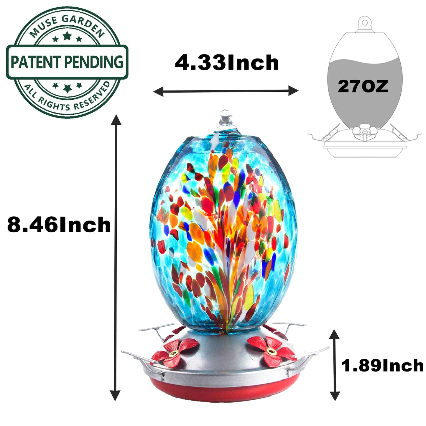 Muse Garden Hummingbird Feeders for Outdoors Hanging, Blown Glass Hummingbird Feeder, for Garden Backyard Decor, Unique Gifts Idea for Mom Older Women, 27OZ, Blue Fireworks