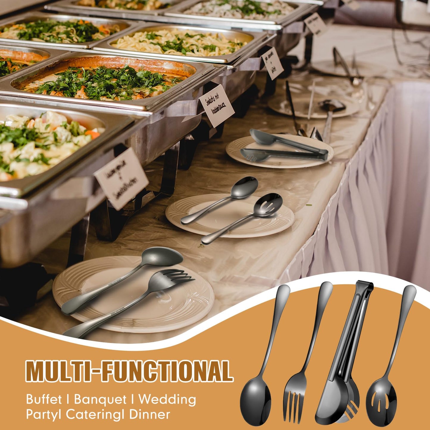 Patelai Stainless Steel Serving Utensils Large Serving Spoon Set 9.45 Inch Metal Tongs 9 Inch Serving Forks 8.7 Inch Slotted Spoons and Serving Spoon Kitchen Wedding Party (Black,15 Pieces)