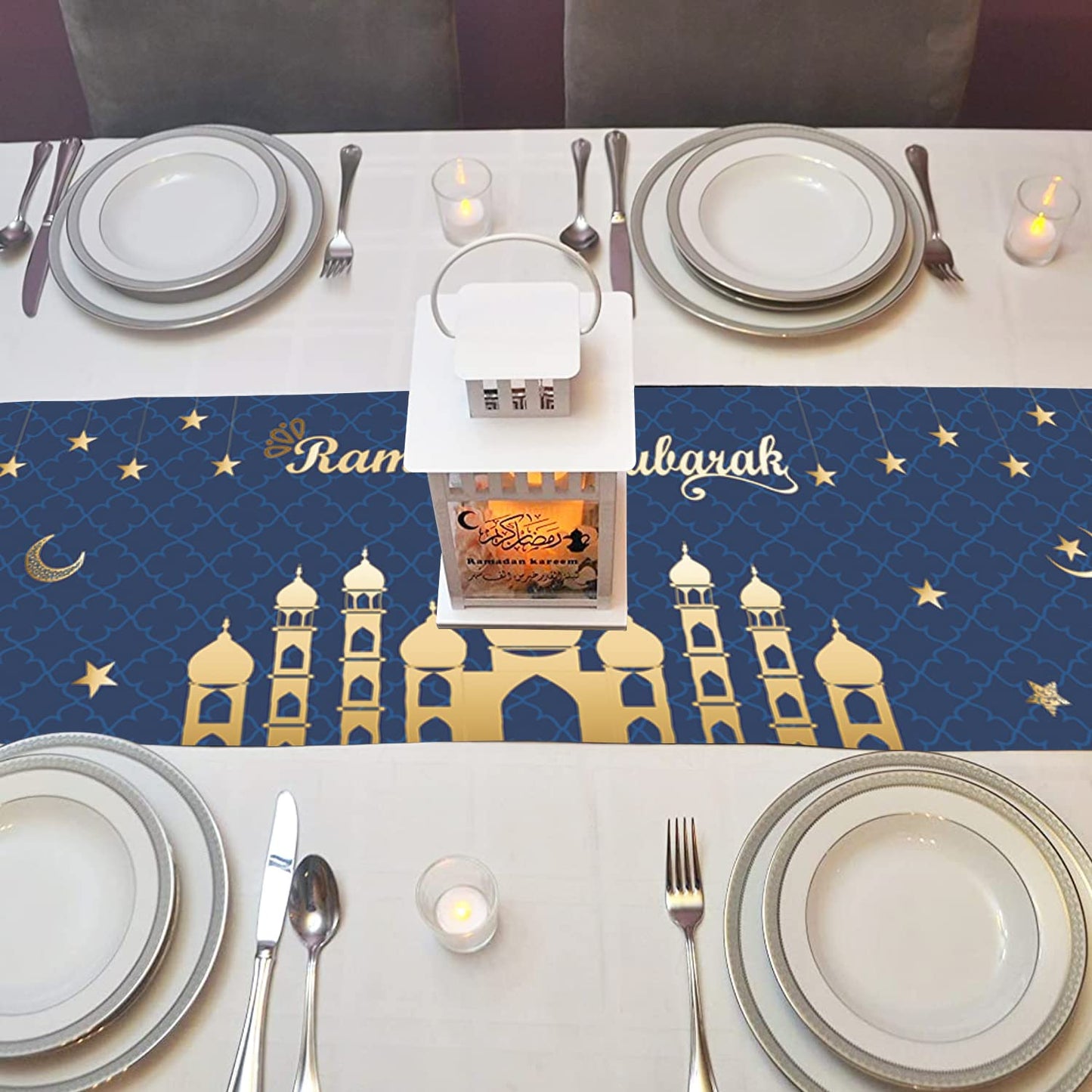 Ramadan Mubarak Table Runner Table Decorations - Ramadan Mosque Lantern Islamic Happy Ramadan Mubarak Party Supplies Decorations, 13.8x71 inches