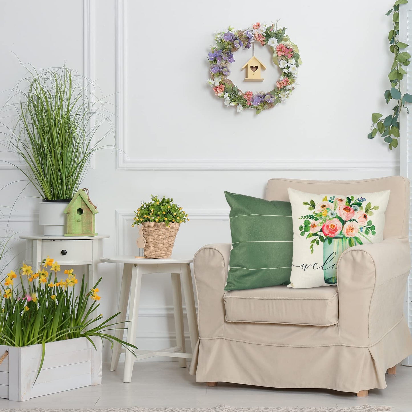 YGEOMER Spring Pillow Covers 18x18 Set of 4, Spring Summer Farmhouse Throw Pillow Cover Green Garden Linen Cushion Case for Home Decor