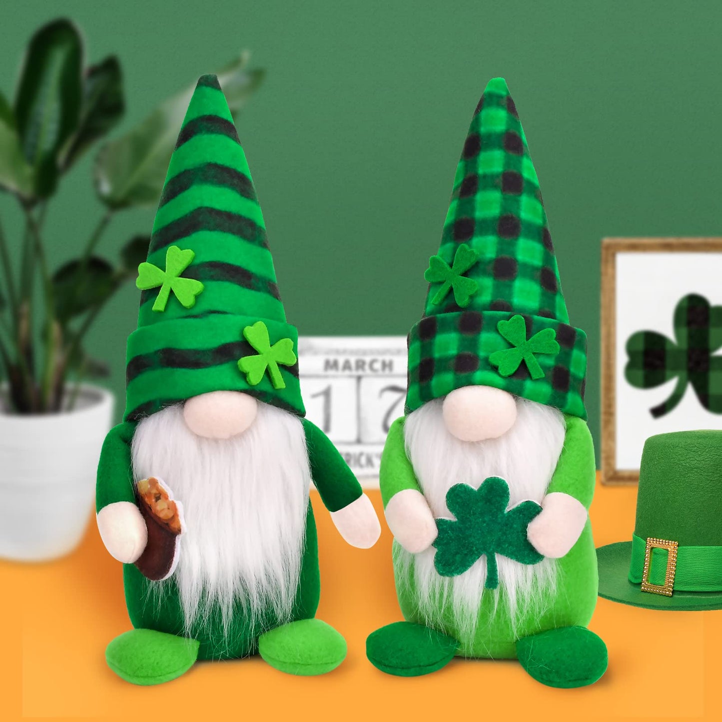 St Patricks Day Gnomes Decorations, 2 Pack Gnomes Plush Lucky Green Shamrock Home Table Decor Ornaments for Irish Saint Patrick's Day