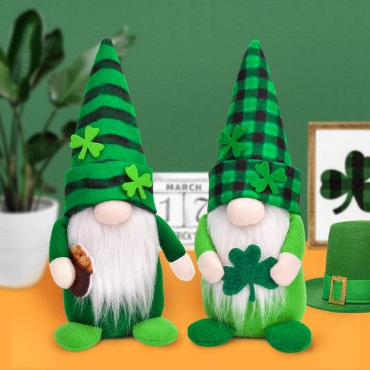 St Patricks Day Gnomes Decorations, 2 Pack Gnomes Plush Lucky Green Shamrock Home Table Decor Ornaments for Irish Saint Patrick's Day